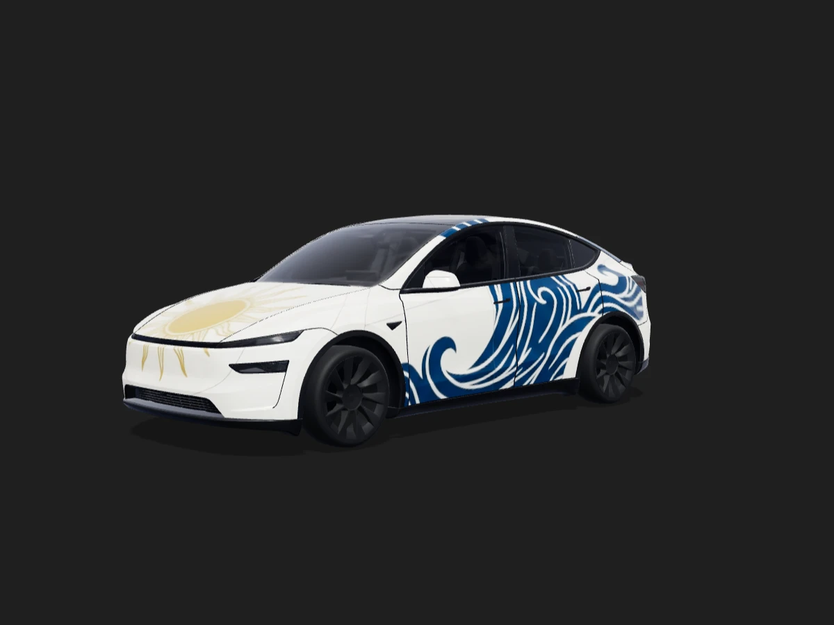 AI-folieringen ”Hav og sol” i 3D på en Model Y.