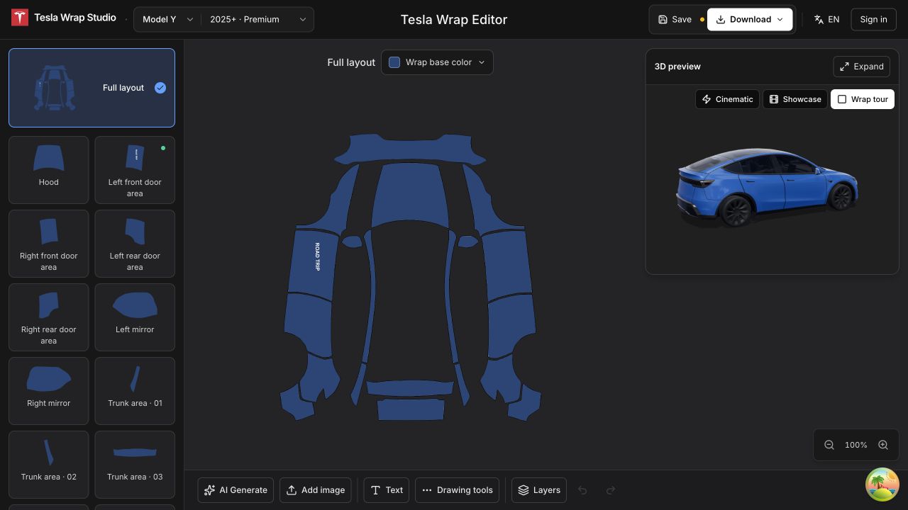 Vælg bil øverst, område til venstre og værktøj nederst. Bilen viser dit design i 3D.