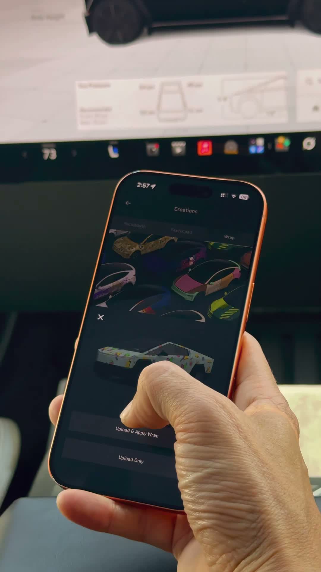 Video reference: tap Upload & Apply Wrap to use the design now.