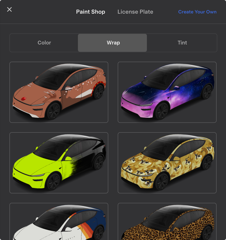 Tesla’s example of the Paint Shop wrap-selection screen.