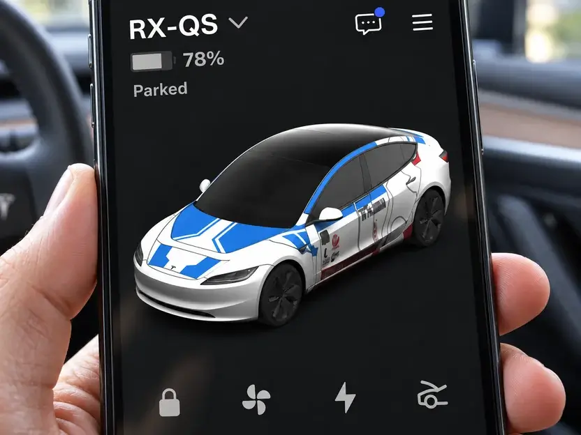 Illustration of a phone showing a blue-and-white Tesla wrap in the Tesla app.